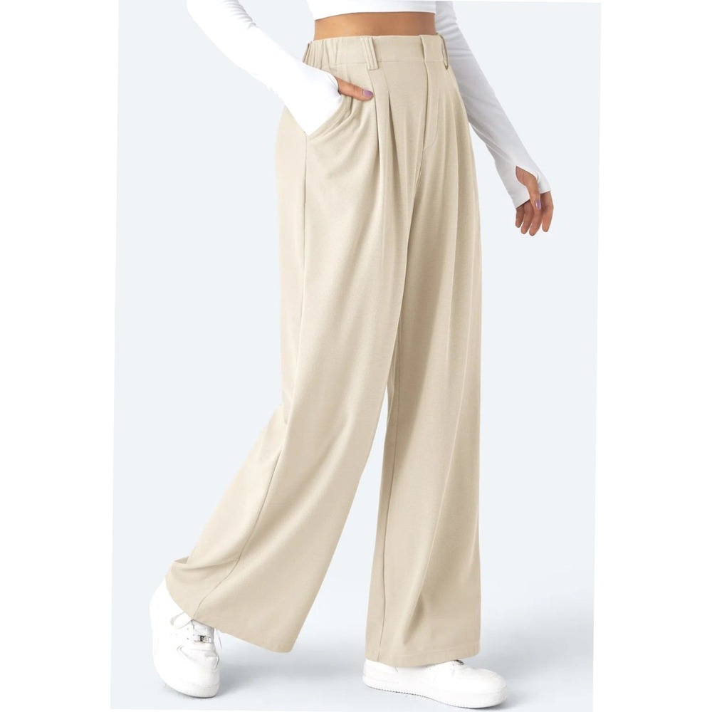 Halara High Waisted Wide Leg Pleated Dress Pants Oat Milk Beige XS Regular
